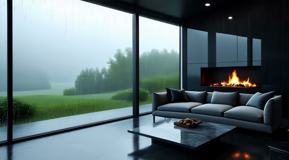 Luxury modern living room with fireplace and panoramic windows